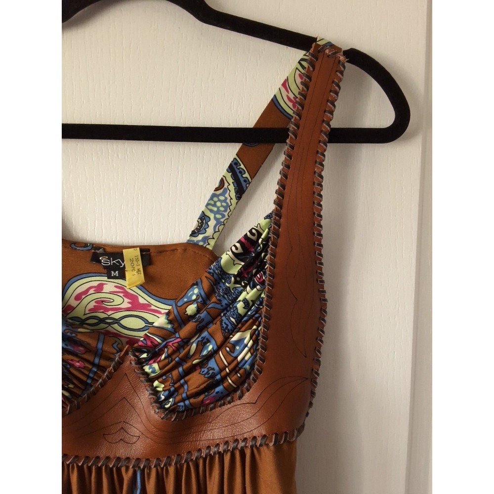 Sky Brand Women M 100% Silk Mini Dress Leather Accent Paisley Coastal cowboy Y2K - Picture 4 of 7